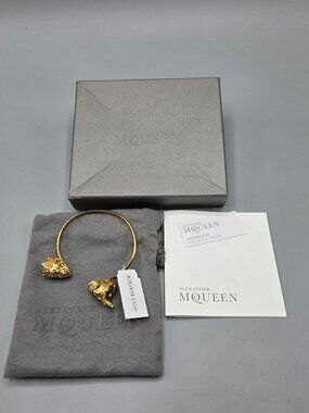 Alexander McQueen Dual Skull Gold Ton Bangle Bracelet Crystal Eyes NEW NWT